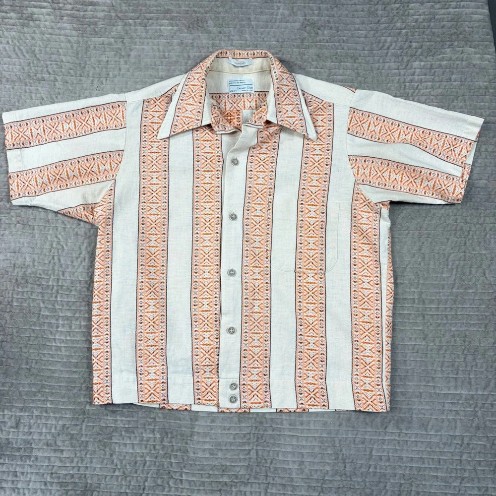 Vintage Career Club Shirt Jac Mens Medium Orange Embroidered Stripe 70s USA